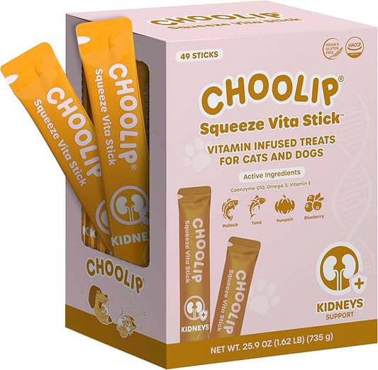 Choolip Squeeze Vita Stick Lickable Cat and Dog Treats ??49-Count Kidney Support Sticks with Multivitamins, Soft Squeezable Paste for All Life Stages, Supporting Kidney Health