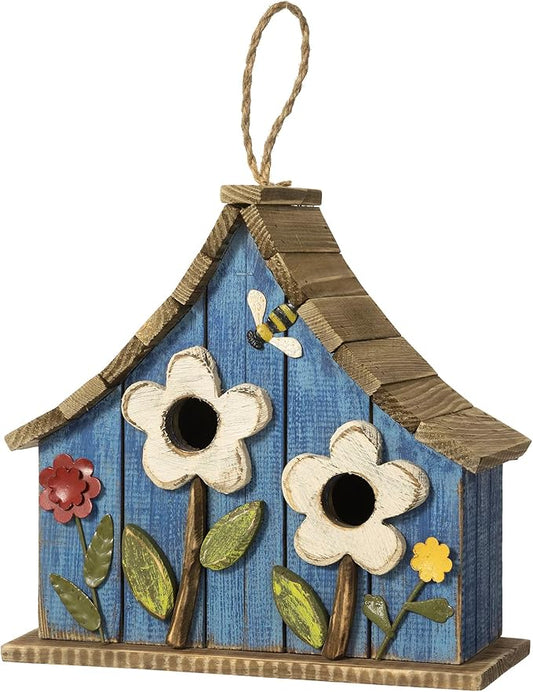 Glitzhome Hanging Birdhouses for Outdoors, 10.75" L Distressed Solid Wood Birdhouse with 3D Flowers Rustic Hand-Painted Bird Houses for Outside