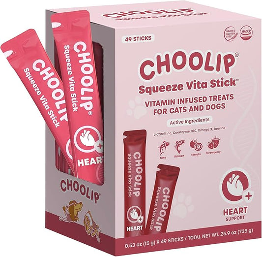Choolip Squeeze Vita Stick Lickable Cat and Dog Treats ??49-Count Heart Support Sticks with Multivitamins, Soft Squeezable Paste for All Life Stages, Supporting Heart Health