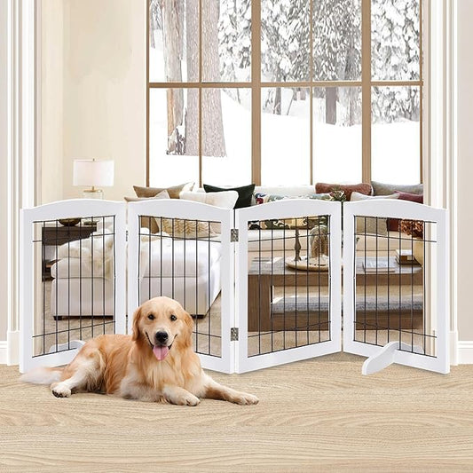 LZRS 4-Panel Freestanding Wooden Dog Gate?”Extra Wide 30??Tall Foldable Pet Barrier with Support Feet, Solid Hardwood & Steel Wire Chew-Resistant Safety Gate for Doorways, Hallways, and Stairs, White