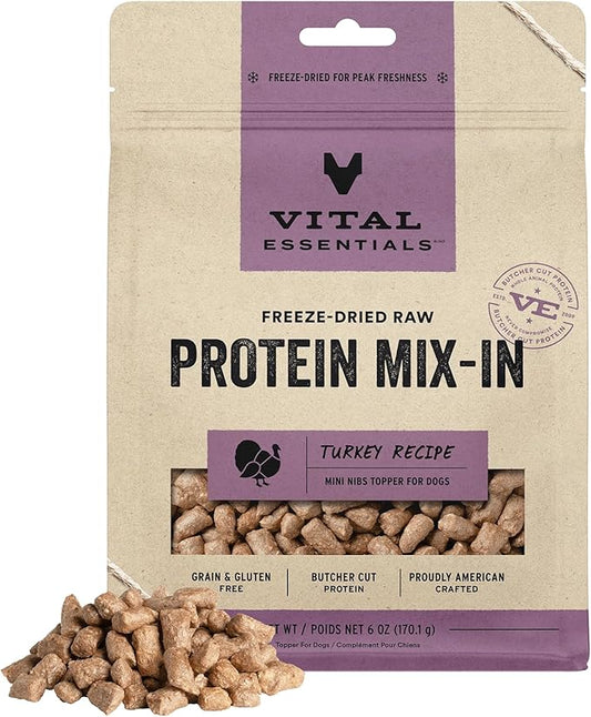 Vital Essentials Freeze Dried Raw Protein Mix-in Dog Food Topper, Turkey Mini Nibs Topper for Dogs, 6 oz