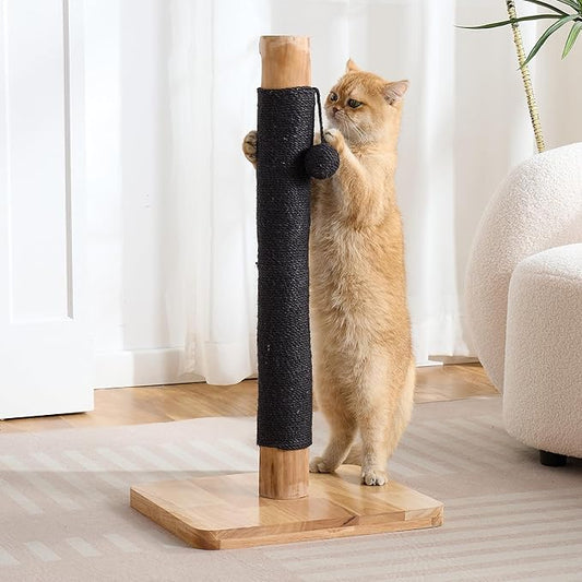 29" Tall Cat Scratching Post for Indoor Cats Adults, Extra-Stable & Natural Solid Wood Scratching Post Sisal Scratcher with Hanging Funny Ball, Black