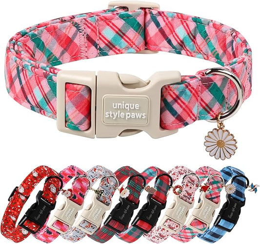 Unique Style Paws Christmas Dog Collar Plastic Buckle with Pendant Pink Green Grid Cotton Puppy Collars for Small Medium Large Dogs
