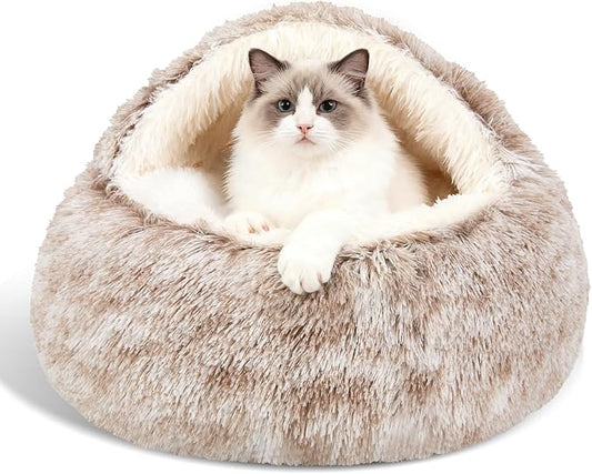 Calming Dog Beds & Cat Cave Bed with Hooded Cover,Removable Washable Round Beds for Small Medium Pets,Anti-Slip Faux Fur Fluffy Coved Bed for Improved Sleep,Fits up to 15/25 lbs (Small,20"x20")