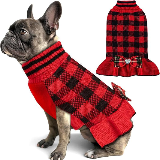 KYEESE Christmas Dog Sweaters Dress for Small Medium Dogs with Leash Hole Checkered Pet Sweaters Turtleneck Dog Christmas Outfit with Bowtie Dogs Apparel for Winter