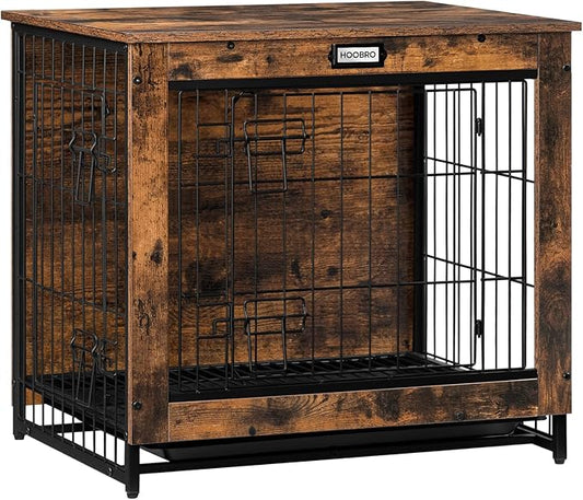 Dog Crate Furniture, 25.5" Small Dog Kennel Indoor, Wooden Cage with Pull-Out Tray, Double Doors Pet House Side End Table for Small/Medium Dogs, Rustic Brown BF642GW03G1