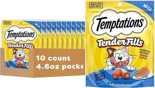 Temptations Tender Fills Crunchy and Soft Adult Cat Treats, Grilled Salmon Flavor, 4.6 oz. Pouch (Pack of 10)