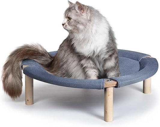 Wooden Elevated Cat Bed Hammock Breathable Scratch-Resistant Fabric, Pet Bed Suitable for Cats, Small Dogs, Rabbits up to 33 lbs, Grey