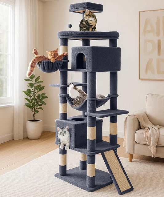 AMHANCIBLE Heavy Duty Cat Tree for Indoor Cats Large Adult 20 lbs+, 83 Inch Multi-Level Tall Cat Tower with Scratching Post and Board, Hammock, Condos, Hanging Basket, Dark Grey, PT21DG