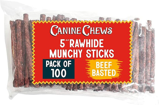 Canine Chews 5" Munchy Rawhide Sticks for Small Dogs Munchy Dog Treat Sticks 100 Pack (Beef)