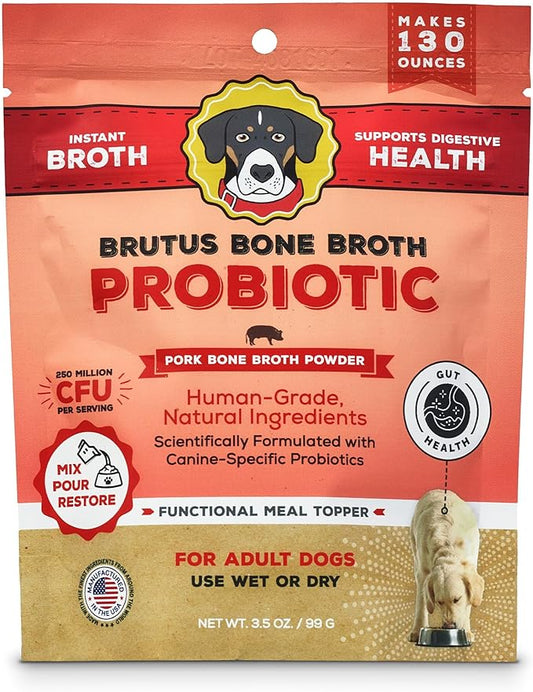 Brutus Broth Dog Food Topper - Bone Broth Powder with Probiotics for Dogs - Made with Natural Ingredients, Human-Grade Quality - Serve Dry or Wet - Pork Flavor - 3.5 oz Pack (Makes 130 oz with Water)
