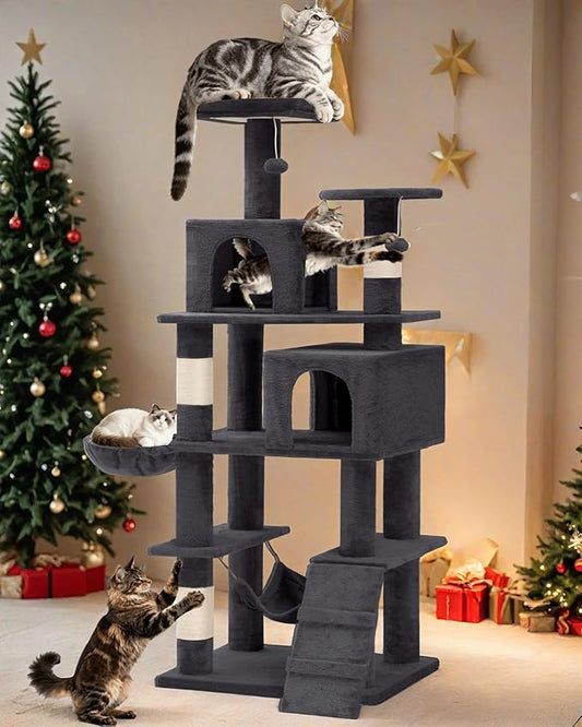 YITAHOME 75in Cat Tree Tower for Indoor Cats, Multi-Level Cat Furniture with Scratching Posts, Cat Caves, Padded Perch, Cozy Hammock, Ladder, and Plush Balls for Kittens, Pet Play House Dark Gray