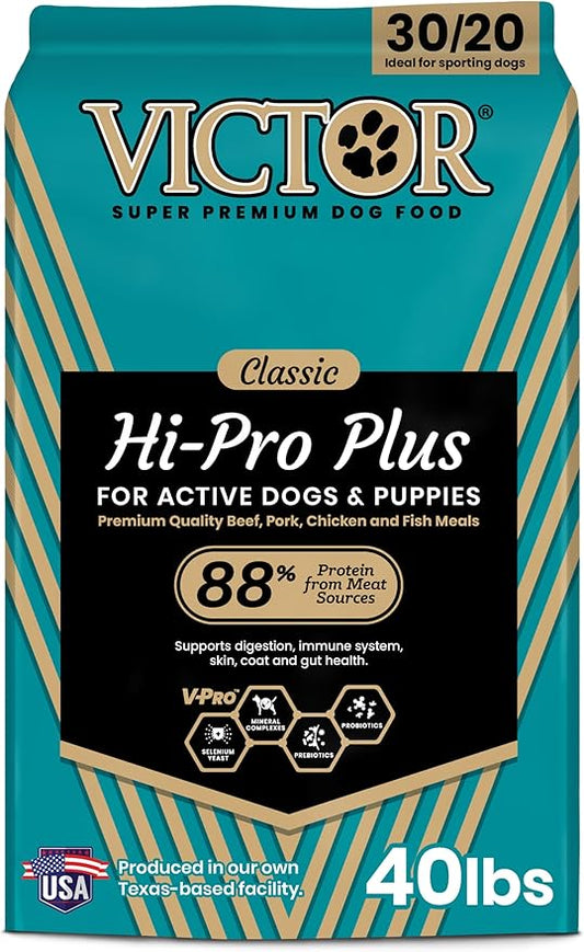 VICTOR Super Premium Dog Food ??Hi-Pro Plus Dry Kibble ??High Protein Dog Food with 30% Protein ??Beef, Chicken, Pork, Fish Meals, Gluten Free - for High Energy and Active Dogs & Puppies, 40lbs