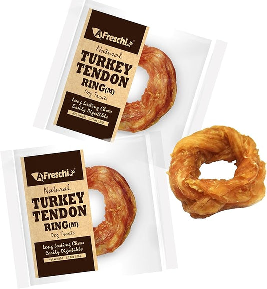 AFreschi Natural Turkey Tendon Ring (M) Pack of 2, Dog Treats for Signature Series, All Natural Human Grade Puppy Chew, USA-Sourced Turkey Tendon, Hypoallergenic, Rawhide Alternative
