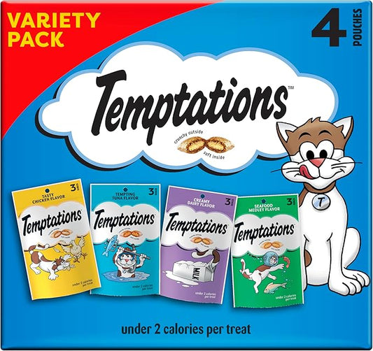 Temptations Classic Crunchy and Soft Cat Treats Feline Favorites Variety Pack, 3 oz. Pouches (Pack of 4)