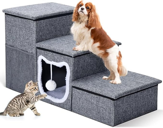 Dog Stairs for Small Dogs 16'' H, Foldable Pet Steps for High Bed, Non-Slip 3-Step Cat Stairs with Storage, Condo and Fluffy Ball, Small Dog Indoor Ramp for Couch Window