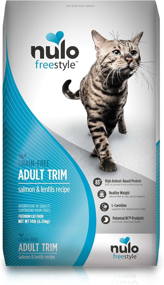 Nulo FreeStyle High Protein Trim Cat Food, Salmon & Lentils Recipe - Natural Grain-Free Dry Cat Food for Weight Management with l-Carnitine, Natural Fiber, & Probiotics, 14 lb Bag