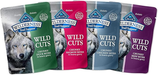 Blue Buffalo Wilderness Trail Toppers Wild Cuts High Protein, Natural Wet Dog Food Variety Pack, Beef, Salmon, Duck & Chicken, 3-oz Pouches, 24 Count