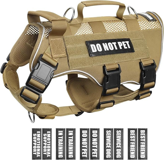 WINSEE Mesh Dog Harness with 10 Pet Patches for Large Service Dog in Training, Breathable Tactical Molle Vest with Double Handles, Reflective Military Pet Vest for Walking Hiking
