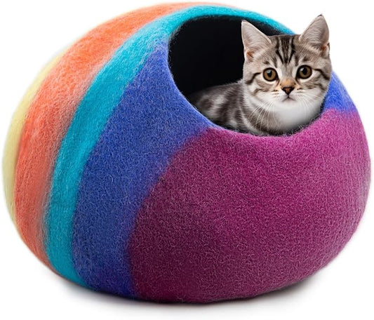 Woolygon Premium Felt Cat Cave Bed ??Wool Kitty Beds Handcrafted Kitten Caves Bed for Indoor Cats - Made from Merino Wool, Foldable Cat Hidewawy Covered Cat House Pod (Rainbow Twist)