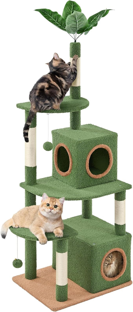 Yaheetech 59in Cactus Cat Tree, Green Cat Tree with Palm Leaf, Double-Level Condo, Spacious Platform, 4 Scratching Posts, Balls for Indoor Kittens