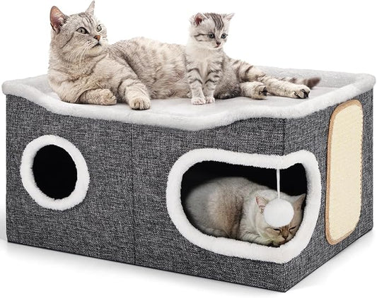 Shikha Cat Beds for Indoor Cats, Extra Wide Cat Cube House for Multi Cats, Foldable Cat Cave Hideaway with Arc-Edge Design & Oval Door, Reversible Cushion for All Seasons, 24"L x 17.7"D x 12.6"H, Grey