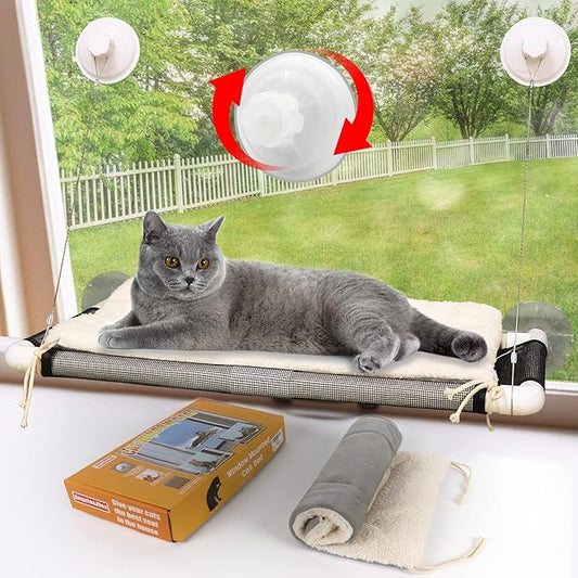 ZALALOVA Cat Perch, Cat Window Seat Large Sturdy Bed Fleece Blanket 2025 Latest Screw Suction Cups Resting with Blanket(Brown)