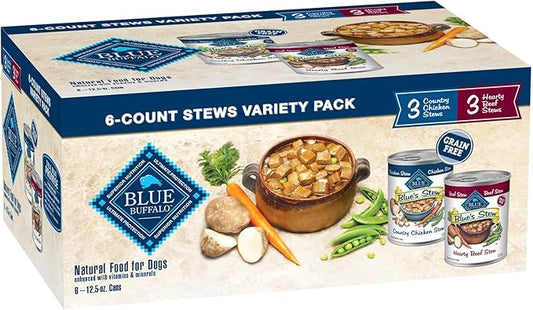 Blue Buffalo Blue's Stew Natural Wet Dog Food, Made with Natural Ingredients, Hearty Beef and Country Chicken Variety Pack, 12.5-oz Cans, 6 Count