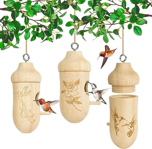 Thread Detachable Hummingbird Houses，Natural Wooden Hummingbird Houses for Outside Hanging，Premium Bird Houses for Garden Window Outdoor Home,3 Packs，A
