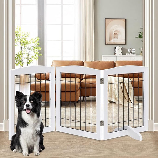 LZRS 3-Panel Freestanding Adjustable Wooden Dog Gate??0" Tall Foldable Pet Barrier with Support Feet, Chew-Resistant Solid Hardwood & Steel Wire Safety Fence for Doorways, Hallways, and Stairs, White