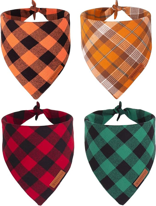 ADOGGYGO 4 Pack Plaid Dog Bandana for Fall Halloween Thanksgiving Christmas, Red Green Orange Plaid Pet Scarf Plaid Holiday Bandanas for Small Dogs Puppies (Small)