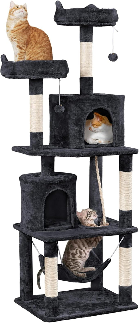 Yaheetech Cat Tree, 70.5in Climbing Tower for Indoor Cats, Multi-Level Kitten Condo with Scratching Post, Pet Activity Center w/Plush Perches & Hammock & Dangling Ball, Black