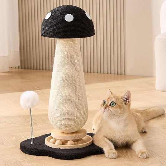 Mushroom Cat Scratching Post Cat Tree, 21.5?˜â€?H Cute Cat Scratcher Tower with Durable Solid Wood Turntable Toy, Solid Black Mushroom Scratch Post Cat Sisal Scratcher with Catnip for Indoor Cats