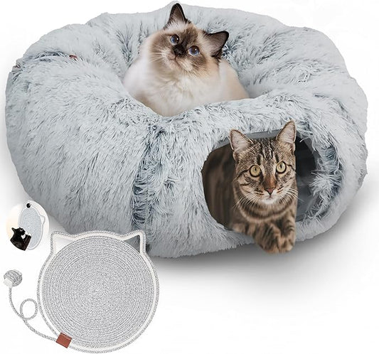 Cat Tunnel Donut Bed & Cat Scratch Pad, Interactive Cat Tunnels for Indoor Cats, Fits Multiple Cats Up to 15 lbs, Cozy and Durable Cat Hideaway Toy for Kittens, Puppies, Rabbits (Grey)