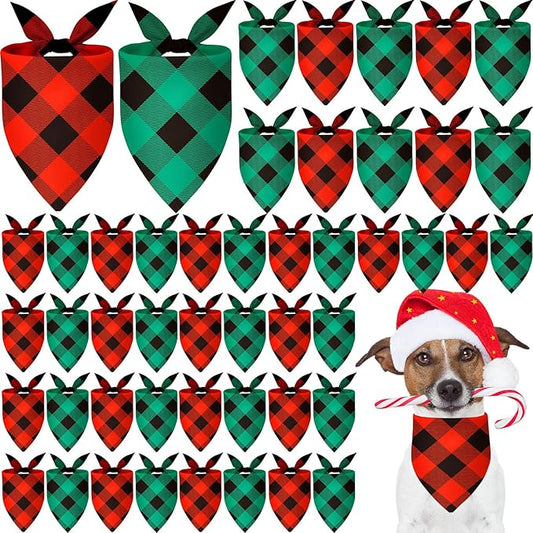 50 Pcs Red and Green Buffalo Plaid Bandanas Bulk for Christmas Dog Xmas Kerchief Set Bibs Dog Triangle Scarf for Small Medium Large Doggie Costume Decoration