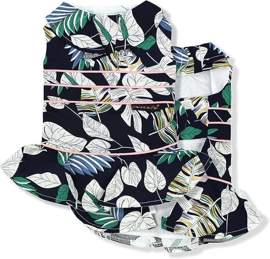 Parisian Pet Palm Leaves Summer Dress - Magic Strap Closure Dog Beach Outfit - Lightweight and Breathable Dresses for Large Dogs Girl 2XL