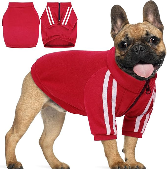 PUMYPOREITY Bulldog Apparel Perfect for French & English Bulldogs, Bully Breeds, Breathable Dog Hoodie with Striped Sleeves, Zipper Front for Easy Wear, Red, S
