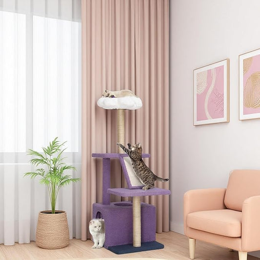 YITAHOME 48.4in Flower Cat Tree Tower: Cute Kitten Climbing Tower Indoor with Kitty Condo, Sisal Scratching Posts and Board, Purple and White