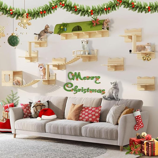 Wooden Cat Wall Shelves, Cat Wall Furniture Solid Wood Feline Shelf, 16 Piece Feline Shelves and Perches with Condos, House, Steps, Bridge Ladder, Scratching Post and Tunnel