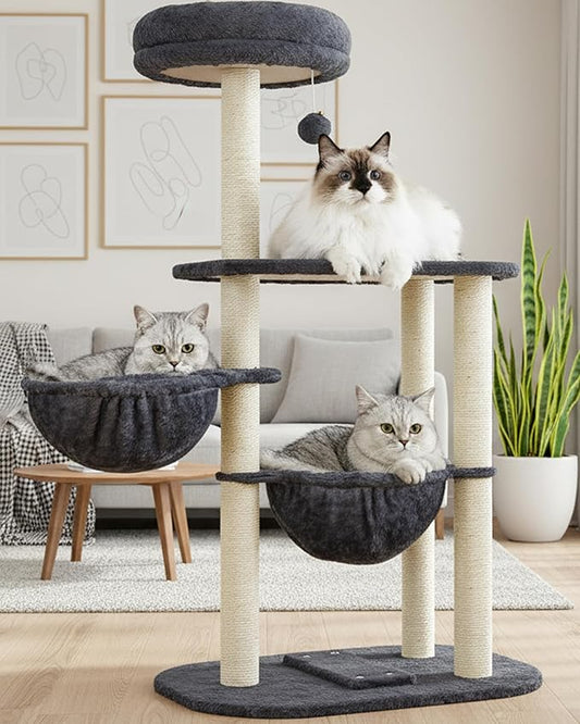 Cat Tree Tower with Scratching Post Hammock Perch - 42 Inch Medium Cats Condo Bed for 2 Indoor Corner Cats Large Adult - Small Short Compact Multi Level Cat House - Tall Climbing Gym Towers Furniture