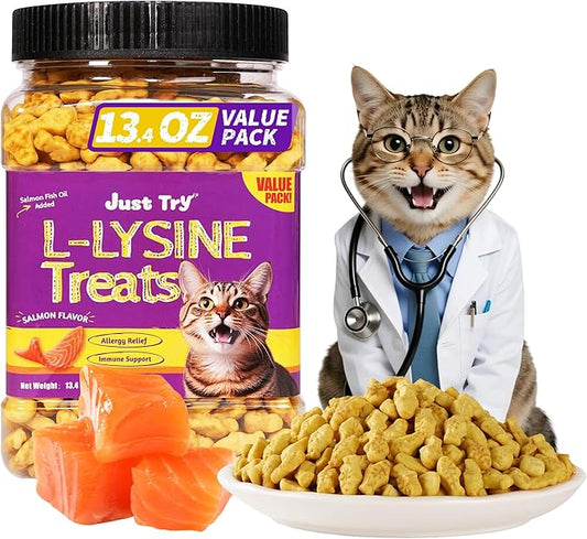 Just Try 13.4 OZ Lysine Cat Treats Natural Salmon Flavor Healthy Cat Training Biscuits Snacks Lysine Dental Care Treats for Cats & Kittens