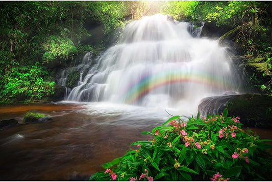 Waterfall Aquarium Background Rainforest Under Sunbeams Rainbows Terrarium Backgrounds Jungle Forest Stream Theme Fish Tank Backgrounds Falls Cascading Reptile Tank Enclosure Backgrounds 72x16in