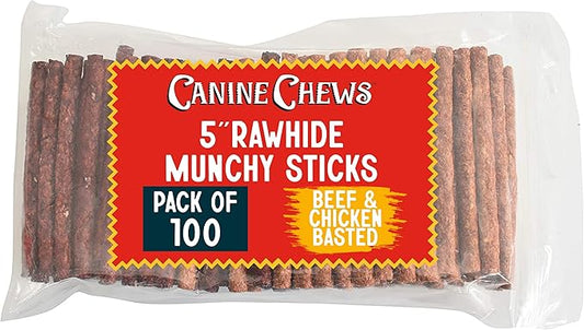 Canine Chews 5" Munchy Rawhide Sticks for Small Dogs Munchy Dog Treat Sticks 100 Pack (Beef & Chicken)