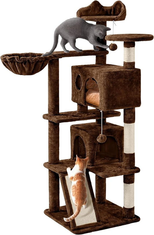 Yaheetech 57 inches Cat Tree for Indoor Cats, Multi-Level Cat Tower w/ 3 Perches, 2 Cat Condos, 2 Hanging Balls and Scratching Posts, Brown