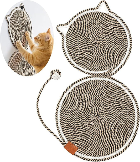 25.6 Inch Large Scratching Mat for Indoor Cats Natural Cotton Rope Flat Scratcher with Ear Hooks and Ball Toy Cat Scratch Rug Pad for Wall, Couch, Carpets, Sofas (Dark Brown)