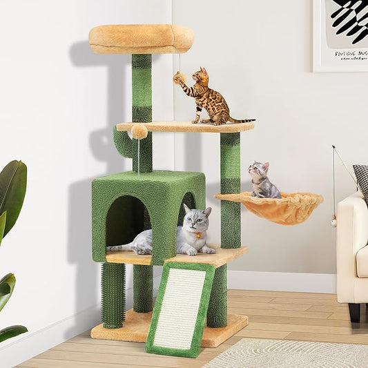 YITAHOME 44.5in Tall Cactus Cat Tree Tower with Self-Grooming Brush, Cute Cat Climbing Tower for Indoor Cats with Cat Condo, Plush Platform, Hammock, Sisal Scratching Posts, Dangling Ball