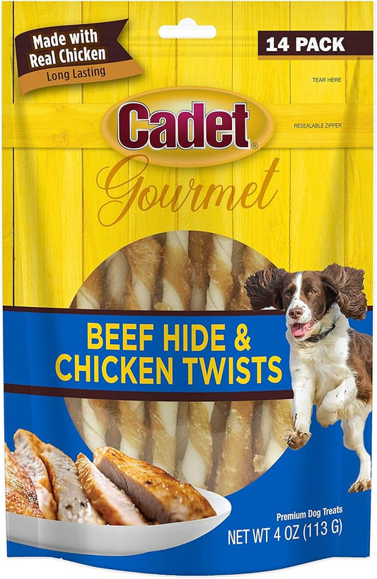 Cadet Gourmet Beef Hide Twist Chew Sticks, Long Lasting & Natural Chew Treats for Dogs, Inspected & Tested in USA, Chicken Flavor (14 Count)