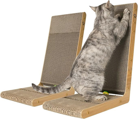 2-Pack Cardboard Cat Scratcher, 105° Tilt Angle Cat Scratching Board, 23.60 Inch L-Shape Cat Scratch Pads with Built-in Catnip Toy Balls, Cat Scratchers for Indoor Cats