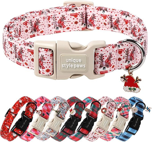 Unique Style Paws Christmas Dog Collar Plastic Buckle with Pendant Red Pink Elk Cotton Puppy Collars for Small Medium Large Dogs