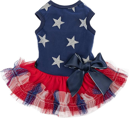 Fitwarm Patriotic Sparkly Stars Dog Dress, 4th of July Clothes for Small Dogs Girl, Pet Outfit, Royal Blue, Red, Silver, Small